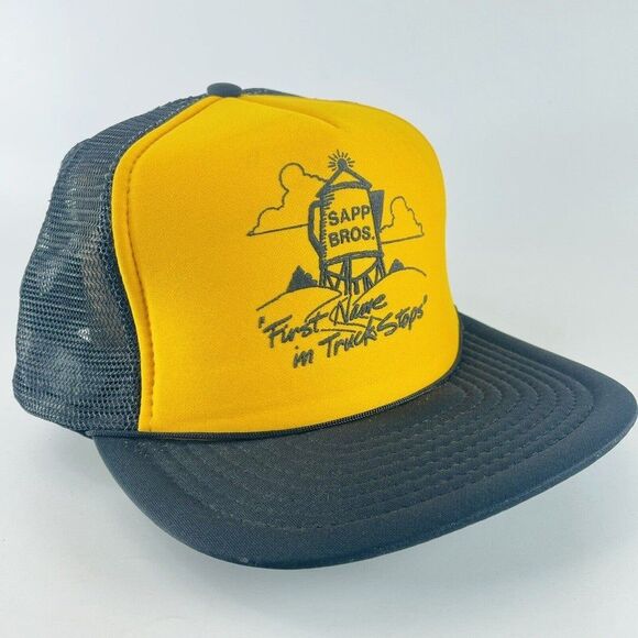 Sapp Bros Truck Stop Black Yellow Mesh Snapback Trucker Hat Cap VTG - Picture 1 of 10